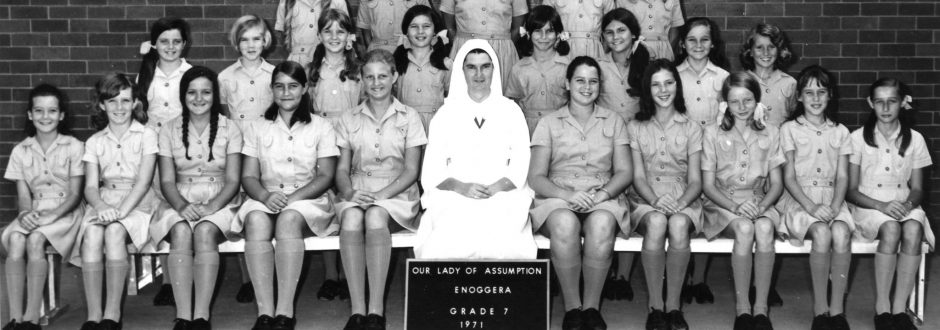 Marie McMahon SGS in a class photo with Grade 7 students from Our Lady of Assumption Enoggera, 1971
